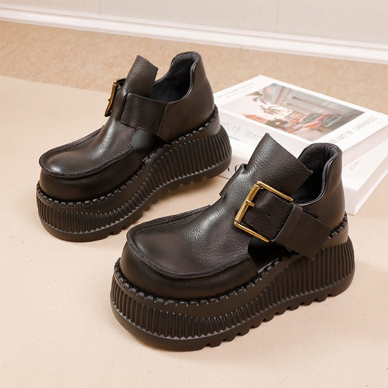75mm Platform T-Straps Sandals Cowhide Mary Jane Shoes in Black/Light Brown