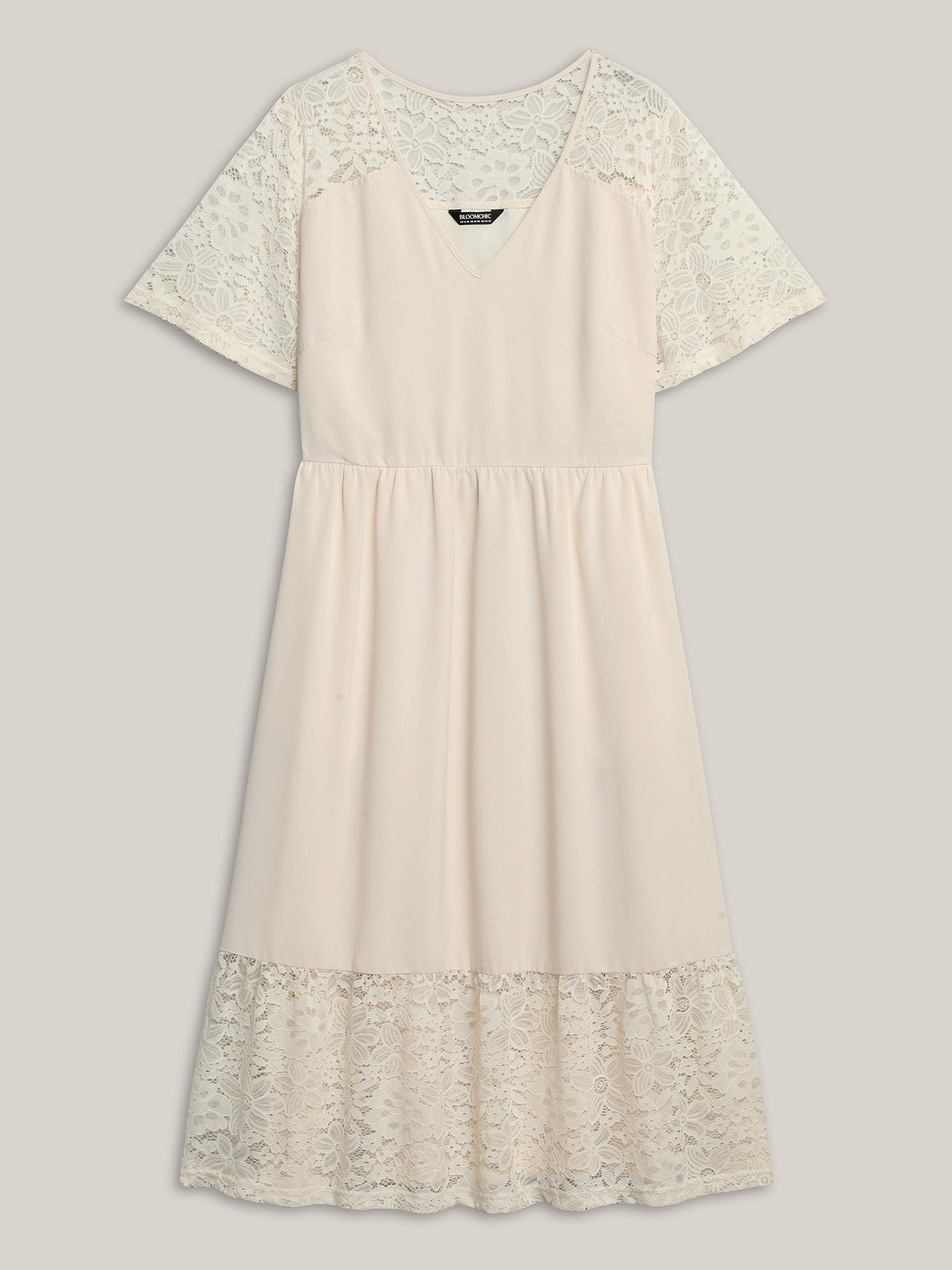 Sheer Lace Pockets Solid Midi Dress