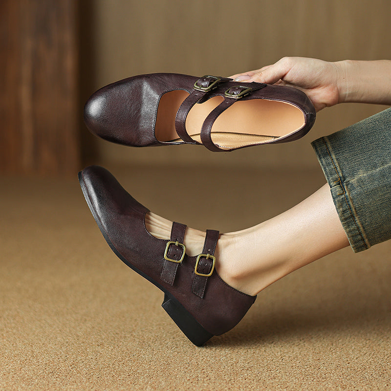 Casual Cow Leather Double Strappy Mary Jane Shoes Dress Shoes in Brown/Black/Khaki