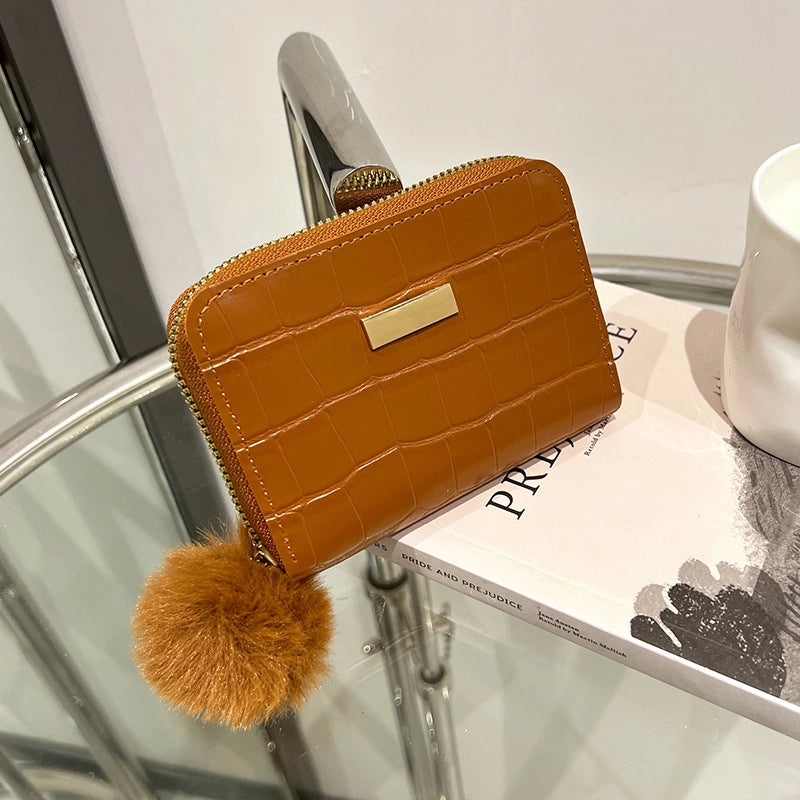 Women's Crocodile Pu Leather Fluff Ball Zipper Wallets