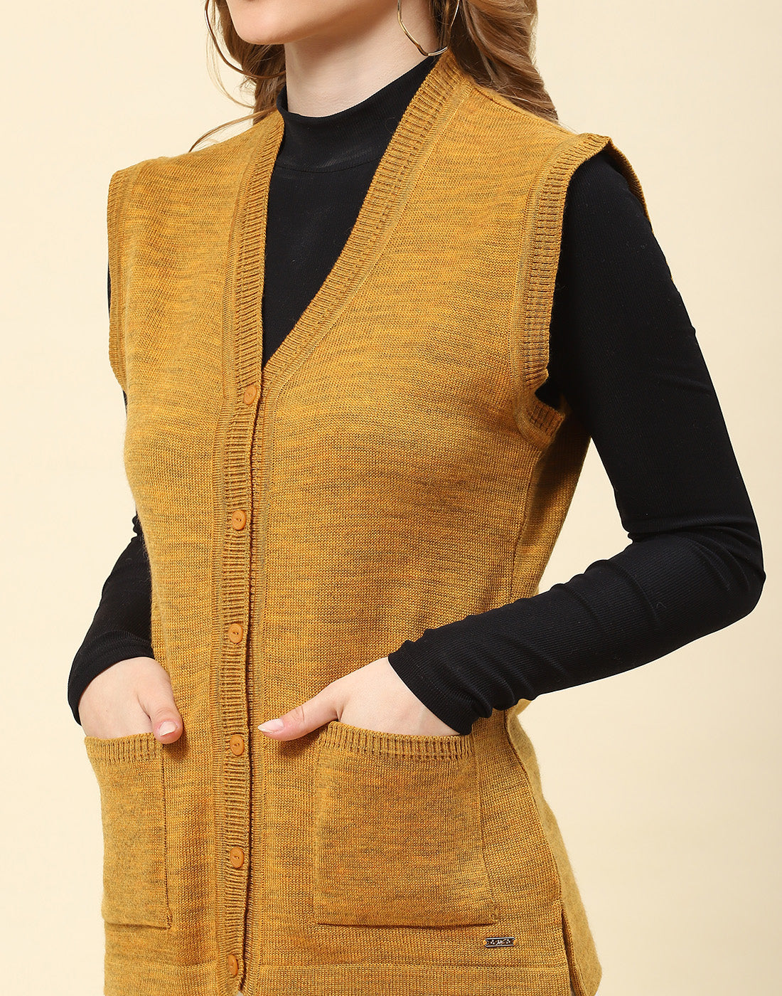 Women Mustard Solid V Neck Sleeveless Cardigan