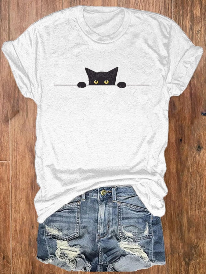 Women's Black Cat Print Crew Neck T-Shirt