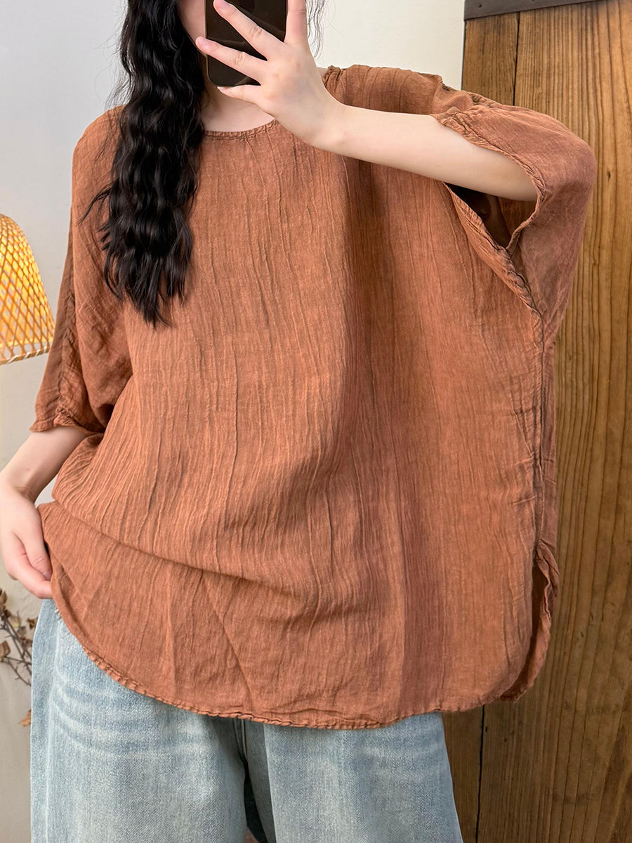 Women Summer Retro Pure Color O-Neck Linen Shirt