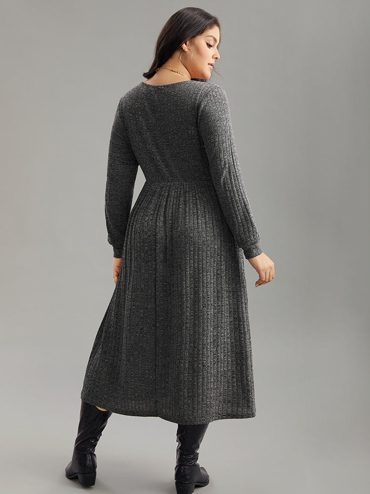 Rib Knit Plain Plisse Long Sleeve Dress