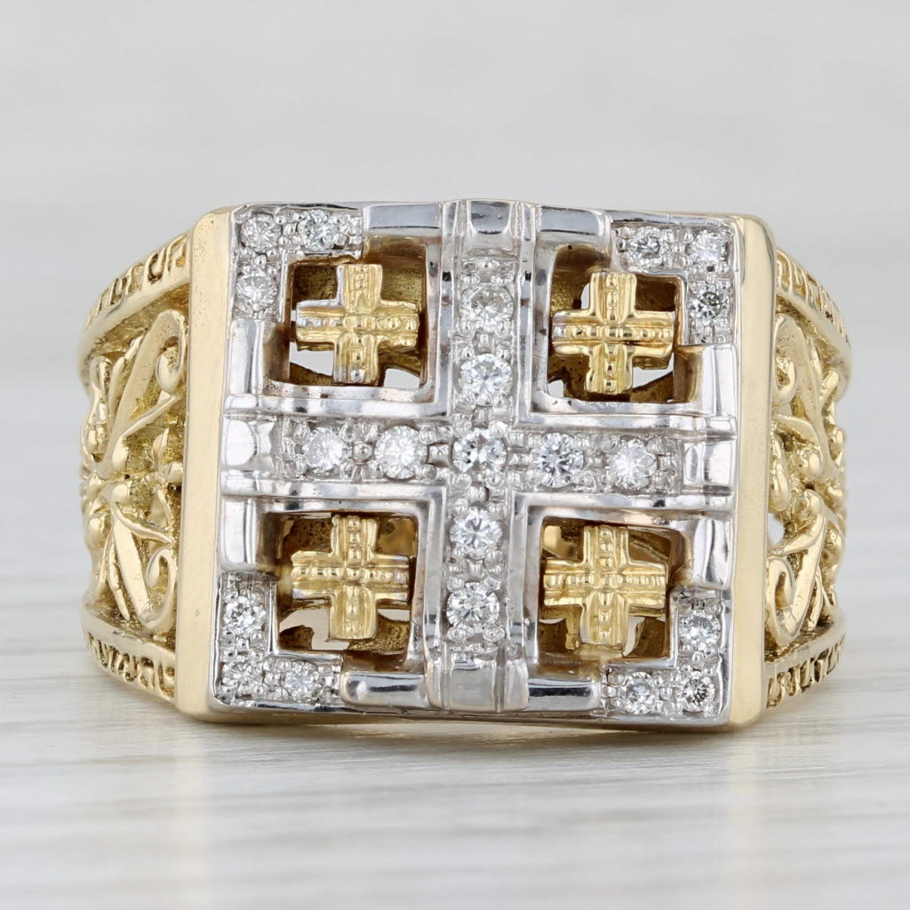 0.20ctw Diamond Jerusalem Cross Ornate Ring 18k White Yellow Gold Size 11
