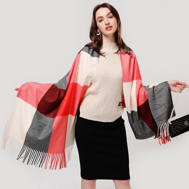New Large Plaid Artificial Cashmere Scarf Women's Winter Thicken Thermal Thorn Fur Shawl Fashion All-Matching Fringe Bib