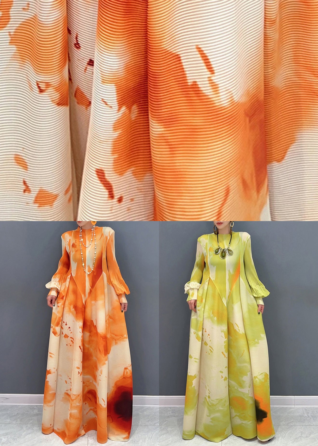 Orange Wrinkled Patchwork Cotton Maxi Dress O Neck Fall