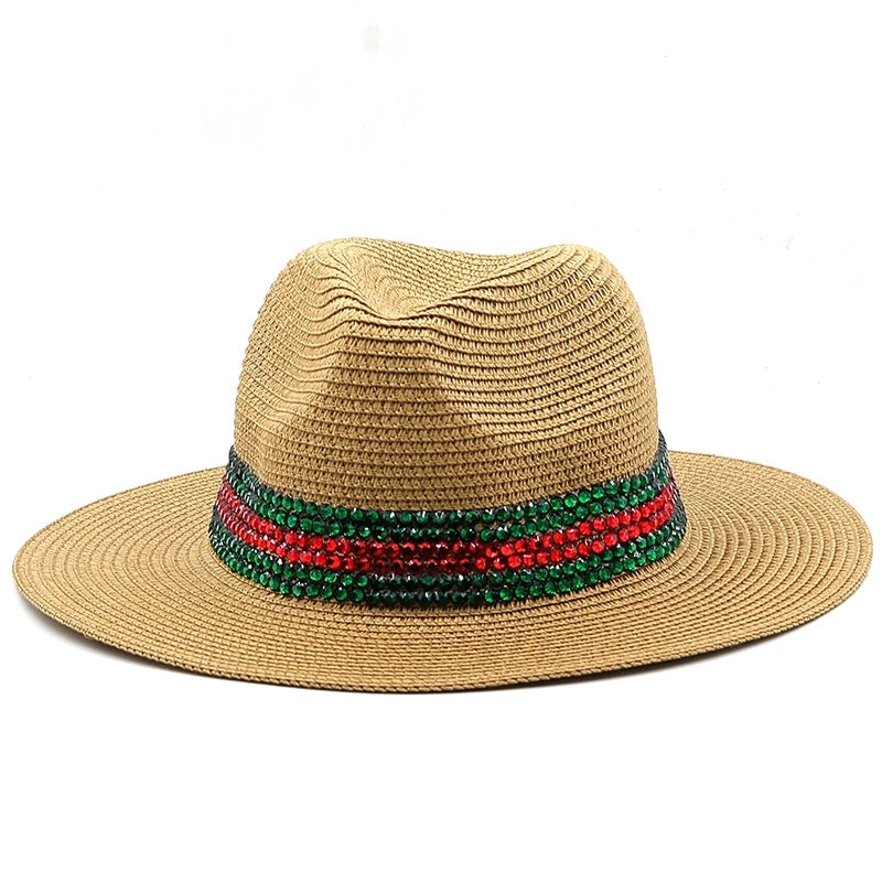 Fashion Outdoor Seaside Sun Shade Fashion Panama Straw Hat Rhinestone Beach Hats