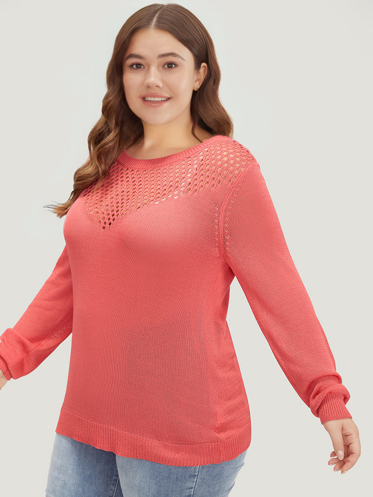Plain Patchwork Cut Out Round Neck Pullover
