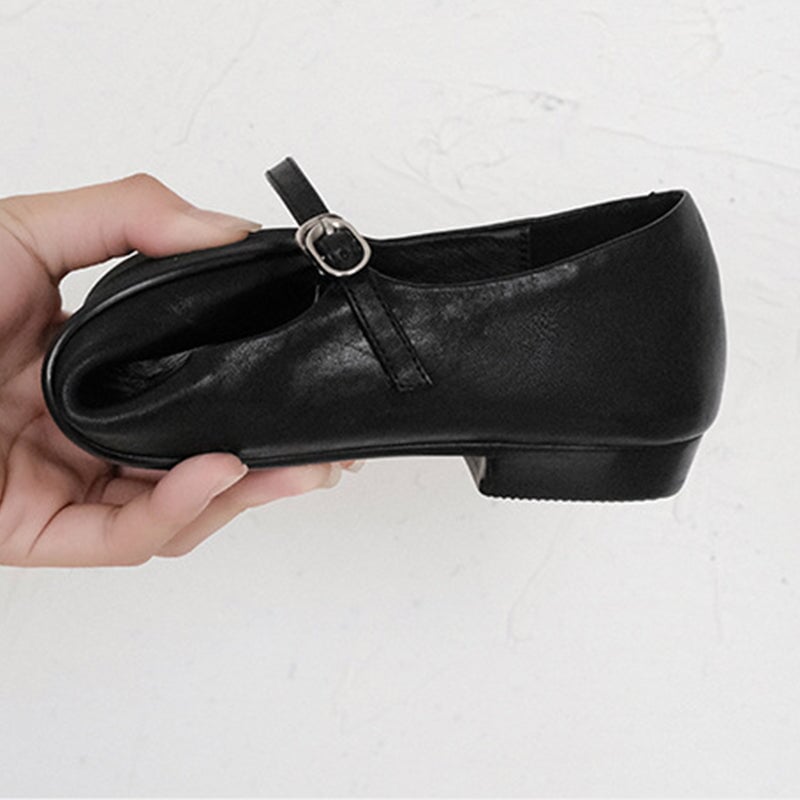 Retro Style Horse Leather Handmade Flat Shoes Mary Janes Low Heel in Black/Brown