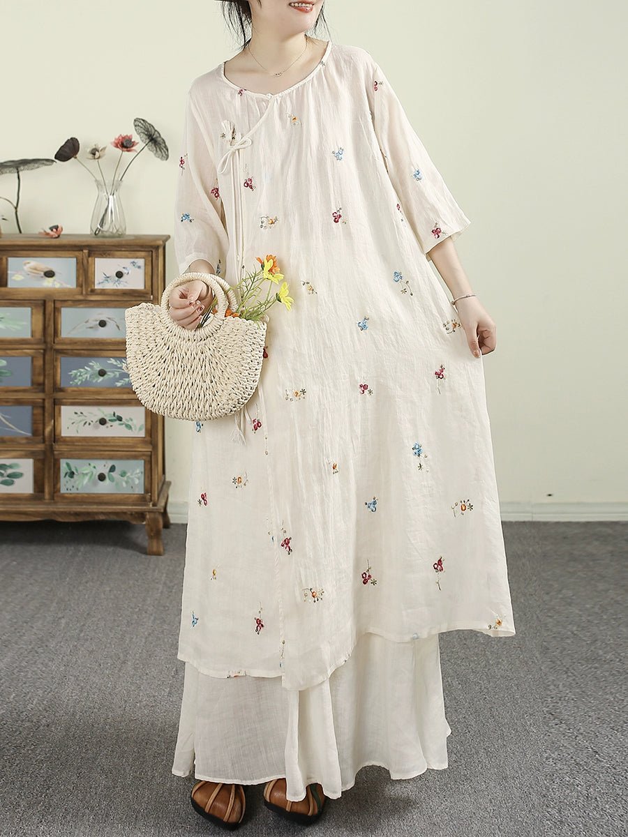 Women Summer Vintage Floral Embroidery 100%Raime Shirt