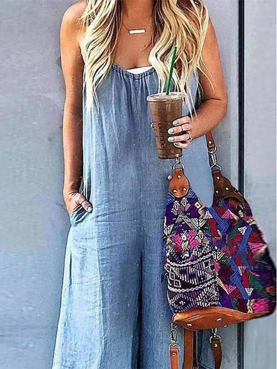 Sleeveless V-neck Wide Leg Denim Jumpsuit