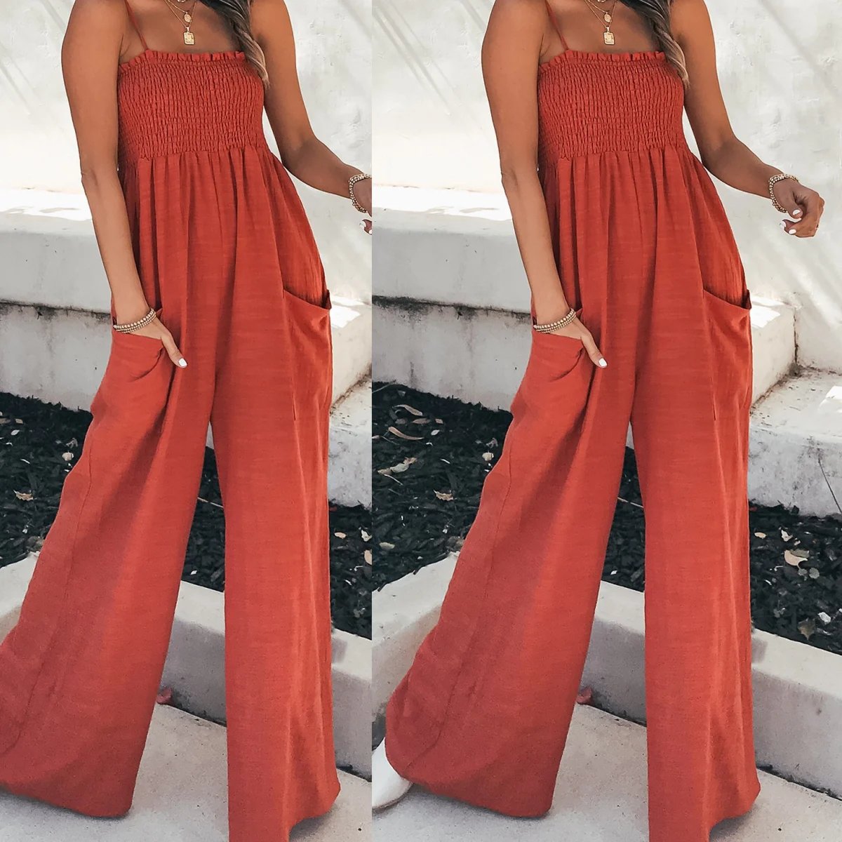 👚SPECIAL SALE 49%-LADIES GATHER TOP WIDE LEG JUMPSUIT