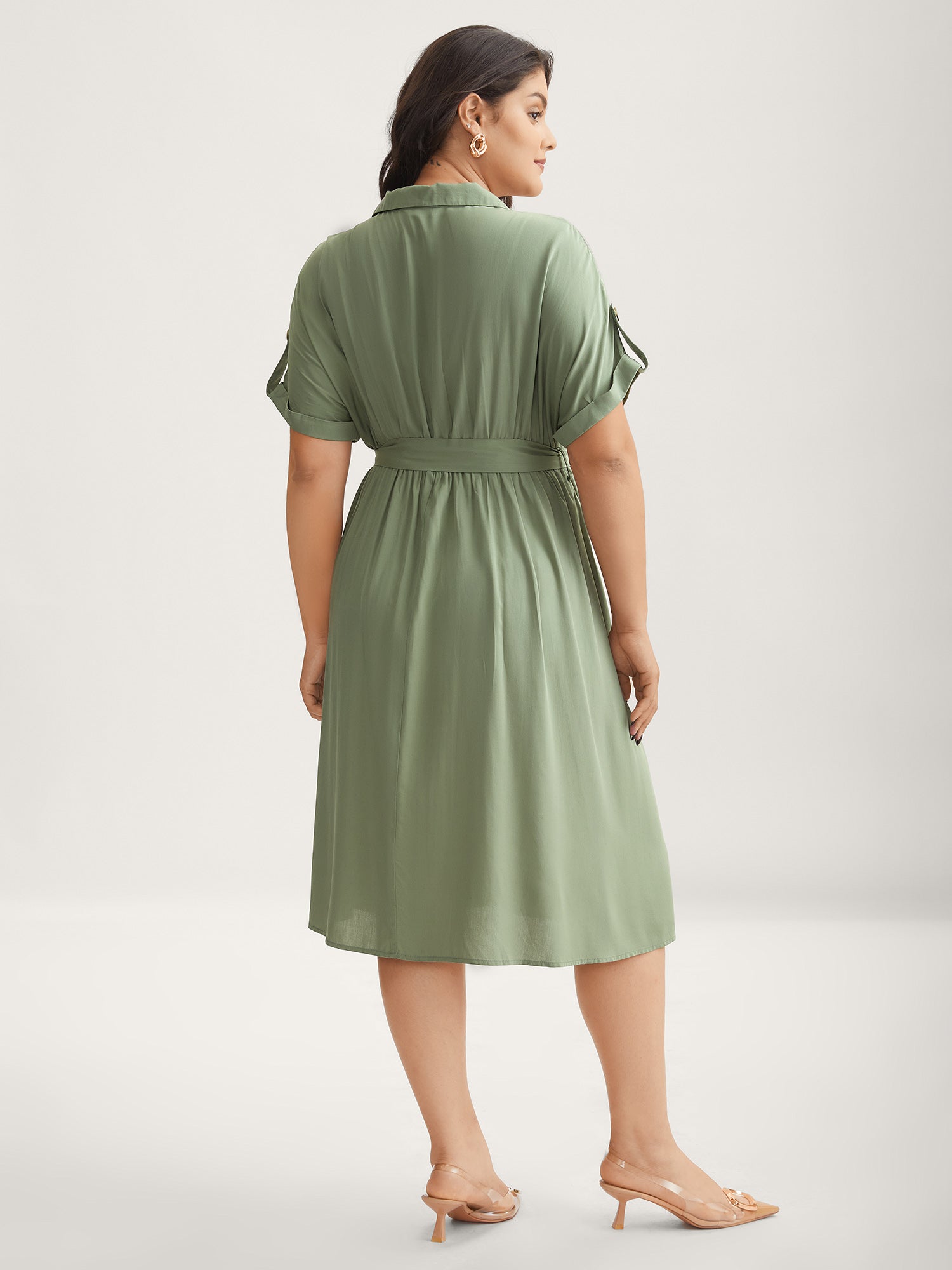 Rayon Button Detail Belted Pockets Midi Dress