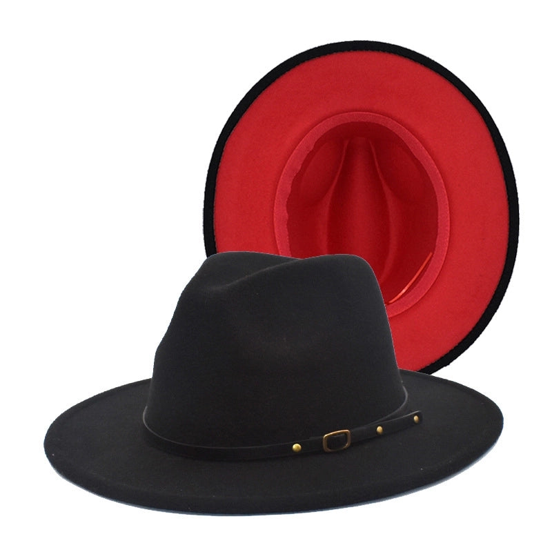 New Women's Woolen Top Hat Fashion Red And Black Color-matching Hat Women's Flat-brimmed Jazz Hat