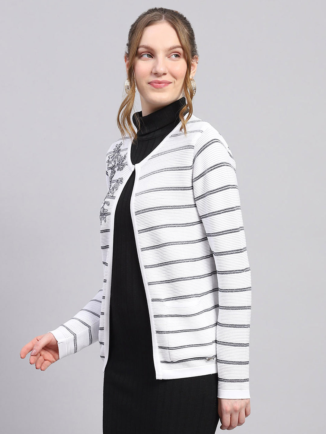 Women White Stripe Round Neck Full Sleeve Cardigan