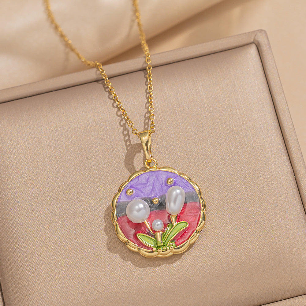 Retro Oil Drop Baroque Freshwater Pearl Enamel High-Grade Painted Flower Pendant Necklace