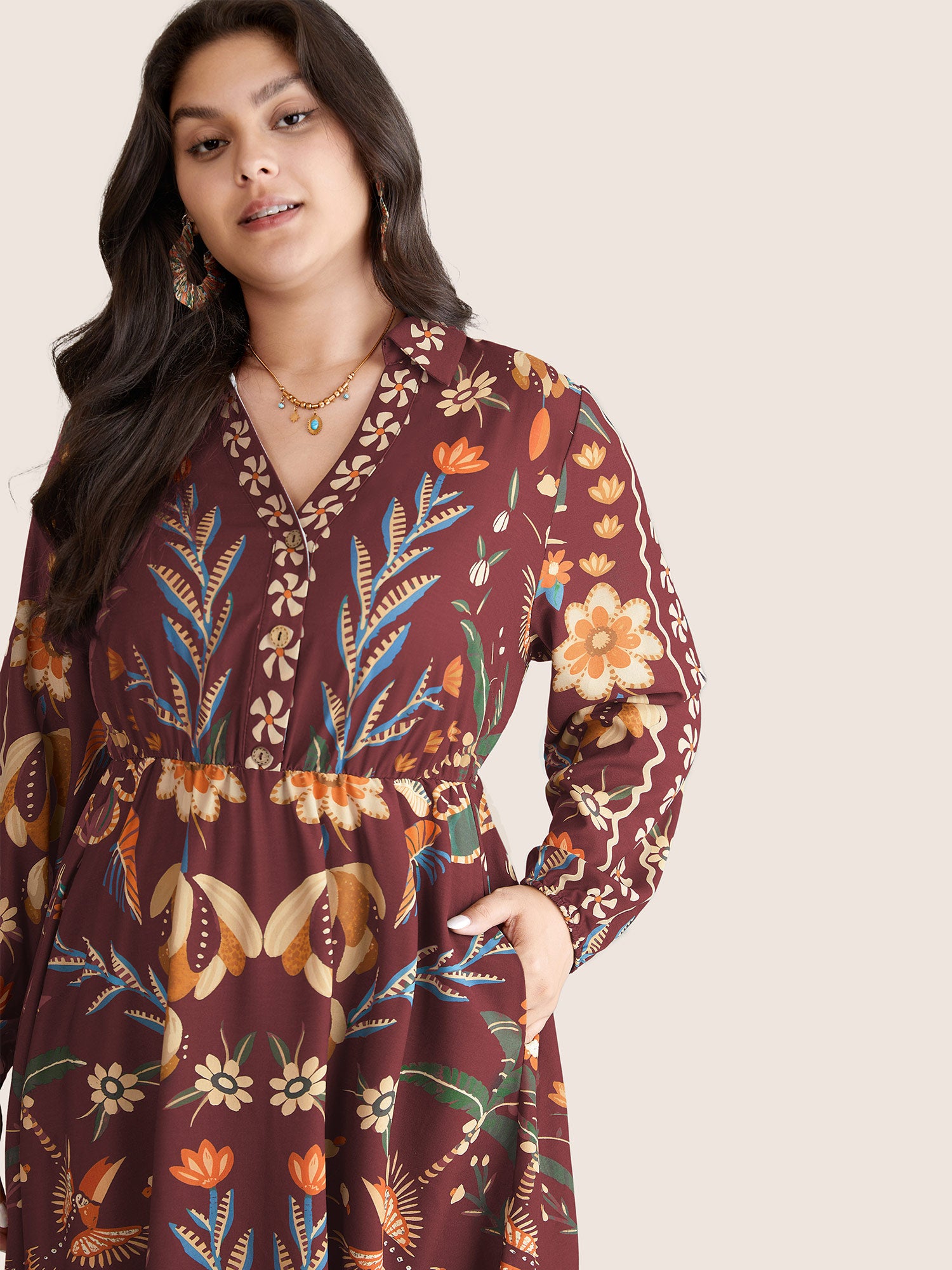 Bandana Print Pocket Lapel Collar Elastic Cuffs Dress