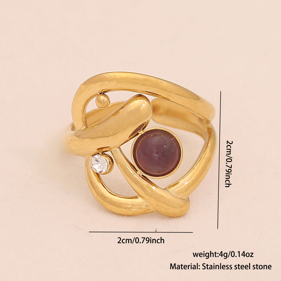 Retro Amethyst Natural Stone Ring Geometric Metal Style Open Ring R120