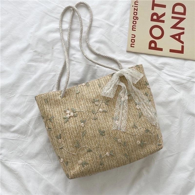 Women's Medium Straw Flower Bow Knot Cute Square Magnetic Buckle Underarm Bag