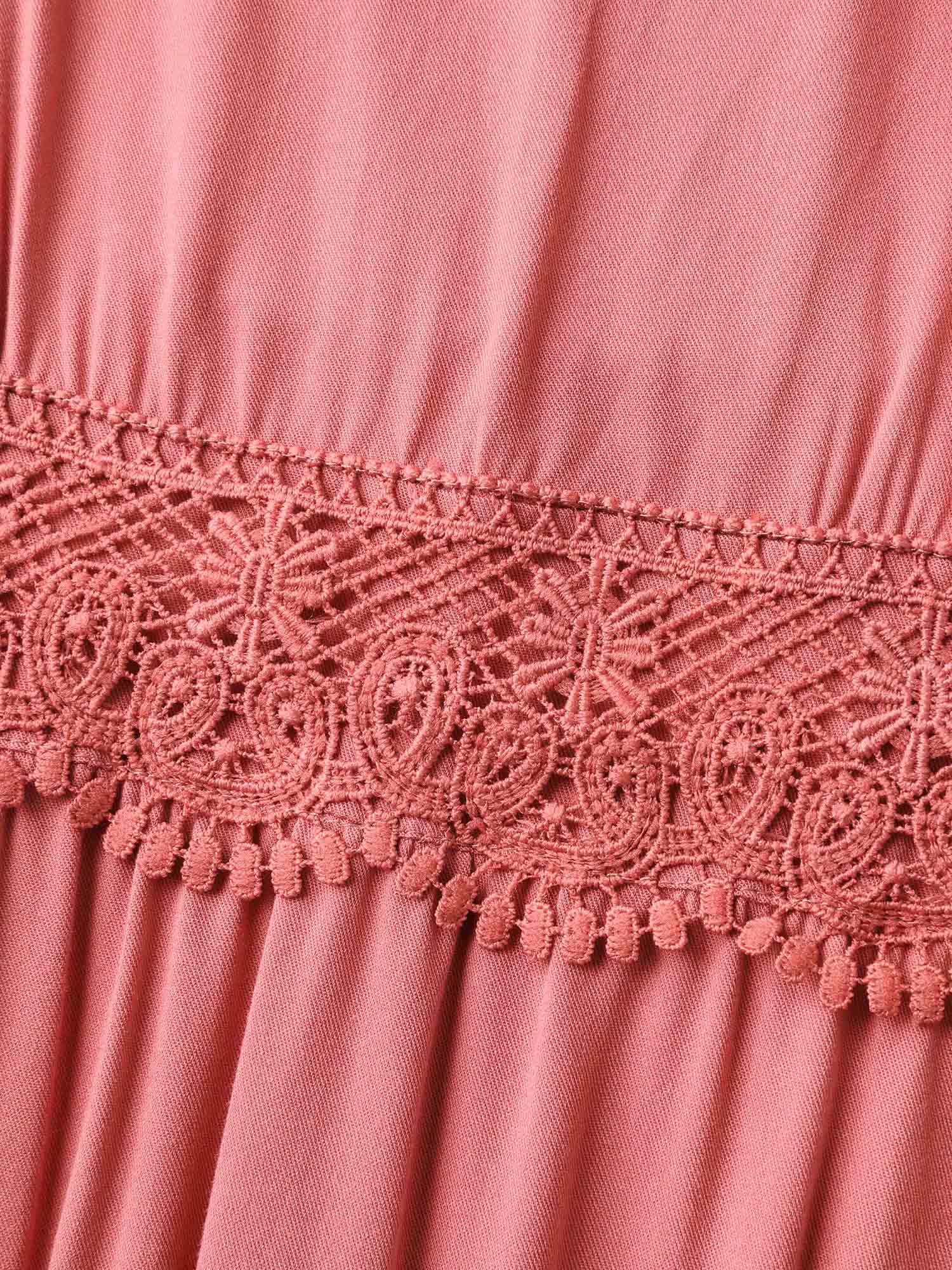 Lace Trim Stretchy Waist Pockets Midi Dress