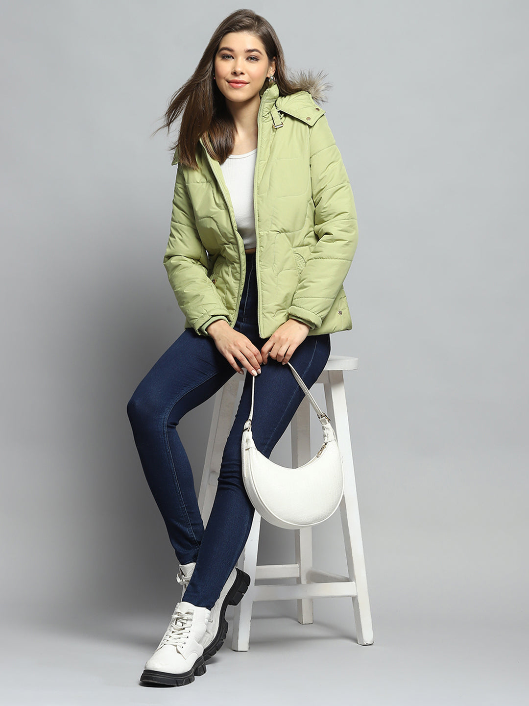 Women Green Self Design Detachable Hood Full Sleeve Jacket