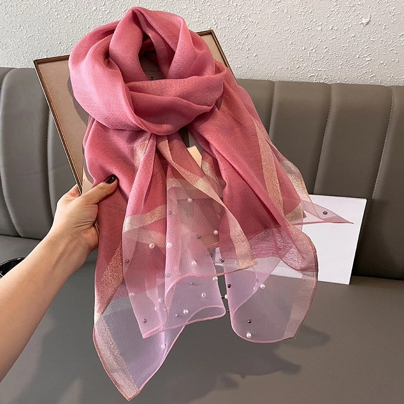 Women's Minimalist Color Block Satin Pearl Silk Scarf