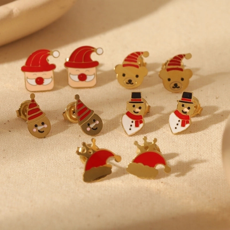 1 Pair Christmas Sweet Minimalist Santa Claus Enamel 304 Stainless Steel 14K Gold Plated Ear Studs