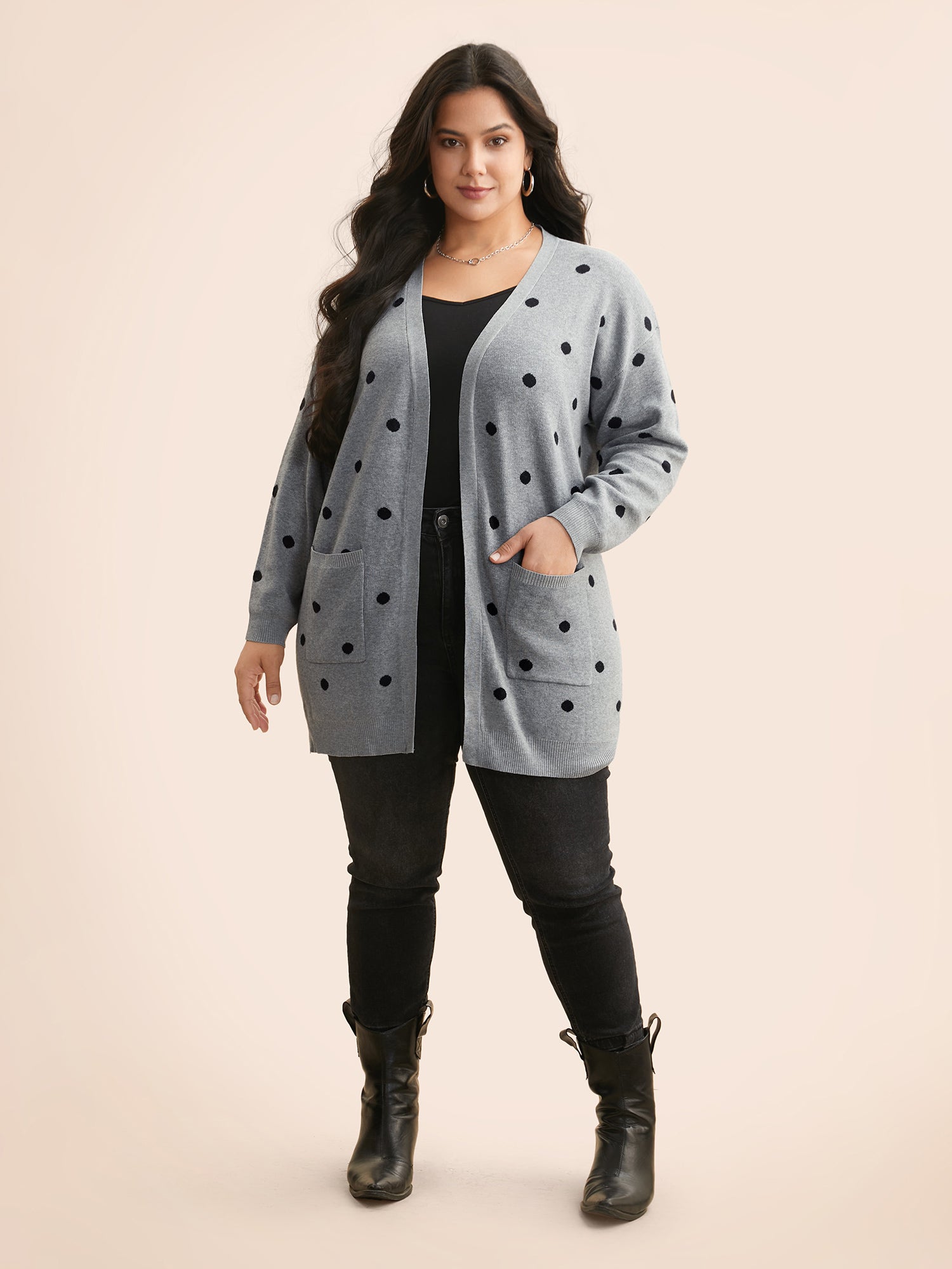 Polka Dot Kimono Collar Patch Pocket Cardigan