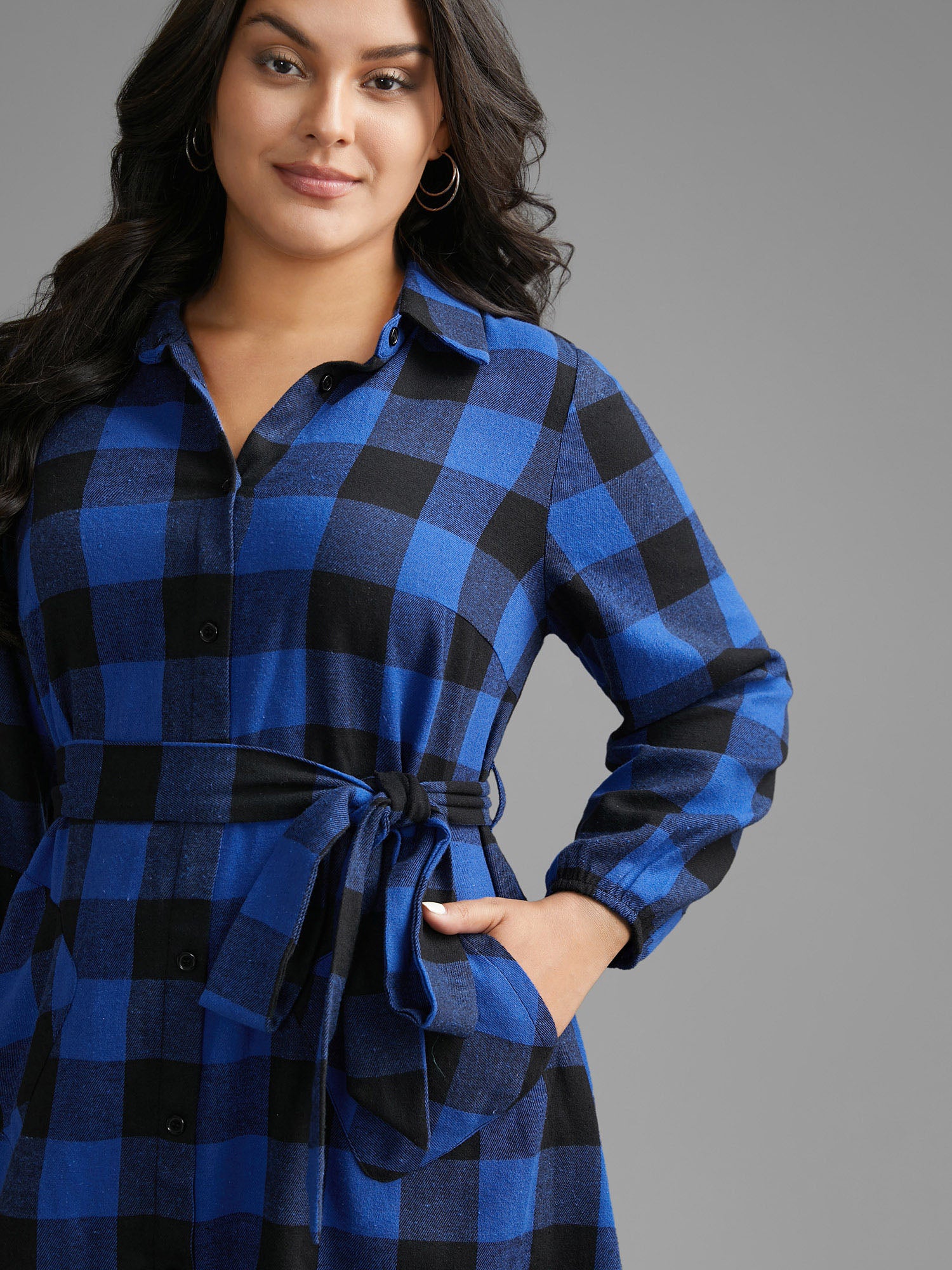 Plaid Patch Pocket Belted Midi Dress