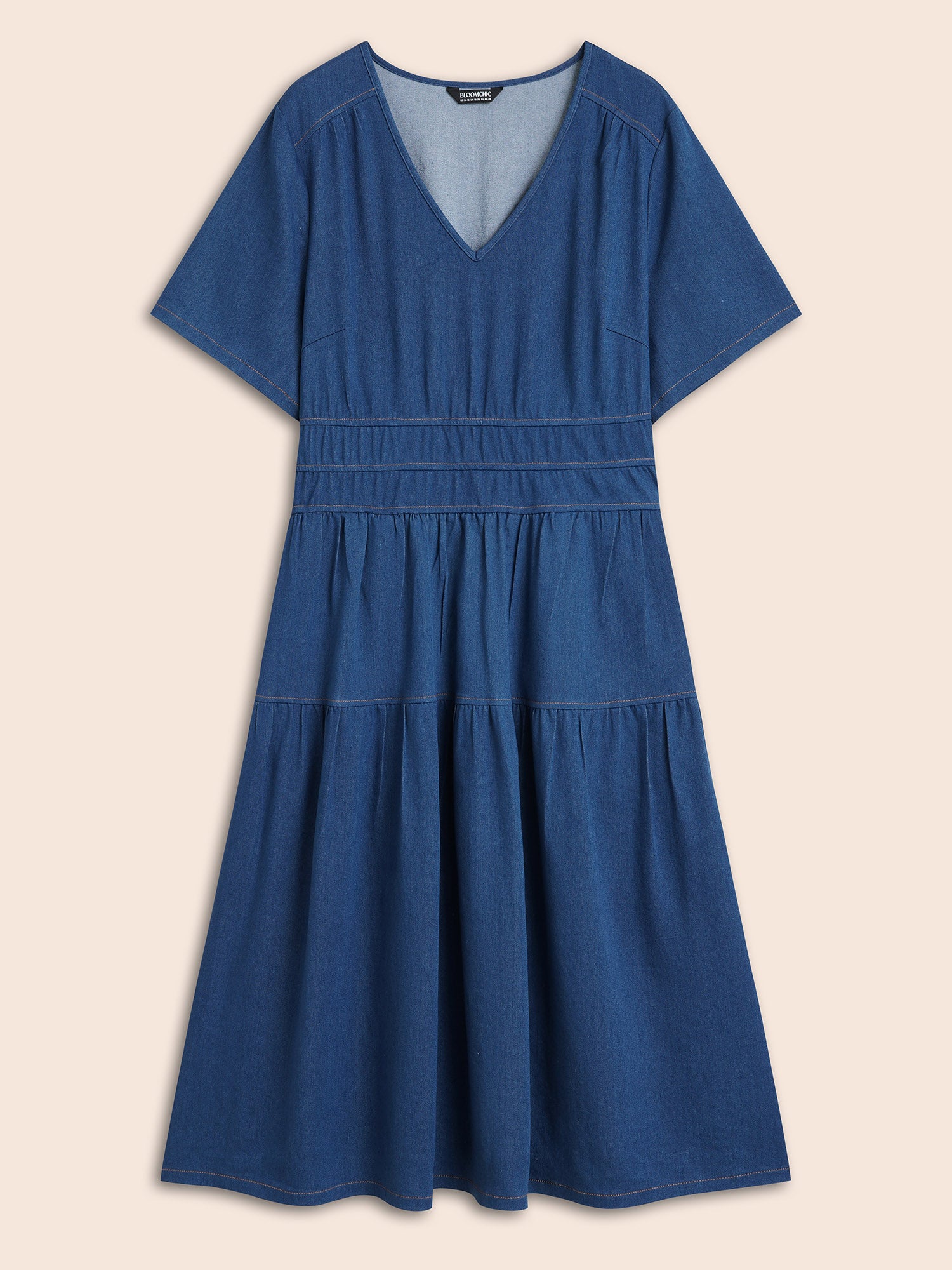 Stretch Denim Pockets Tiered Midi Dress