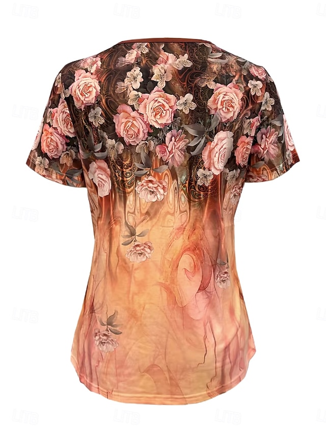 Women's T shirt Tee Ombre Floral Button Daily Casual Short Sleeve U Neck Rose Gold Summer