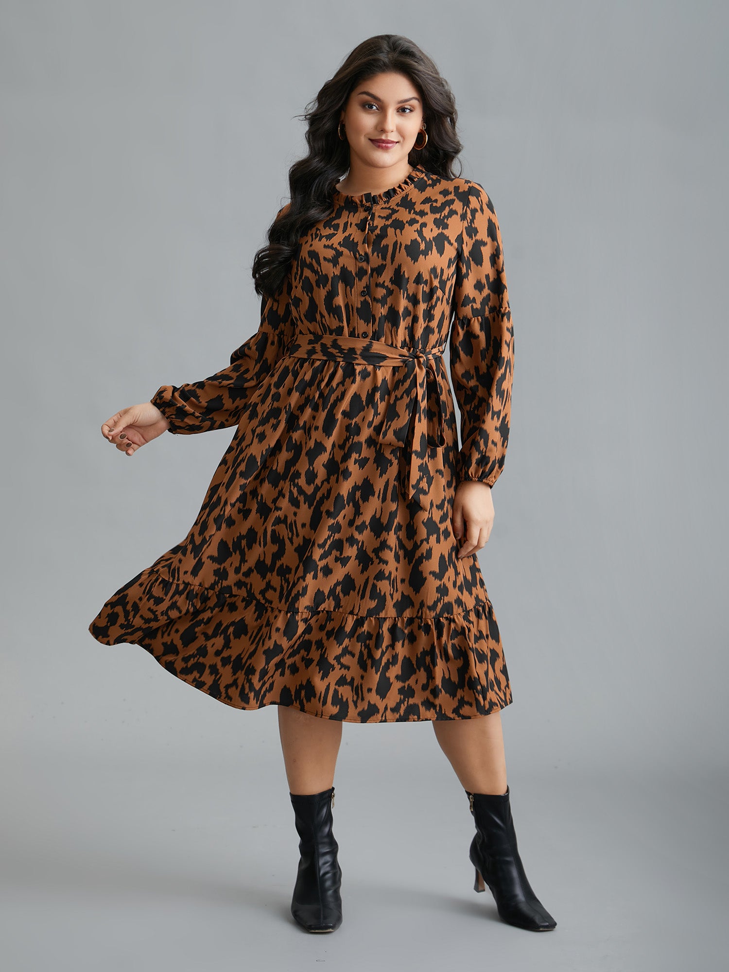 Leopard Print Stretchy Waist Belted Dress