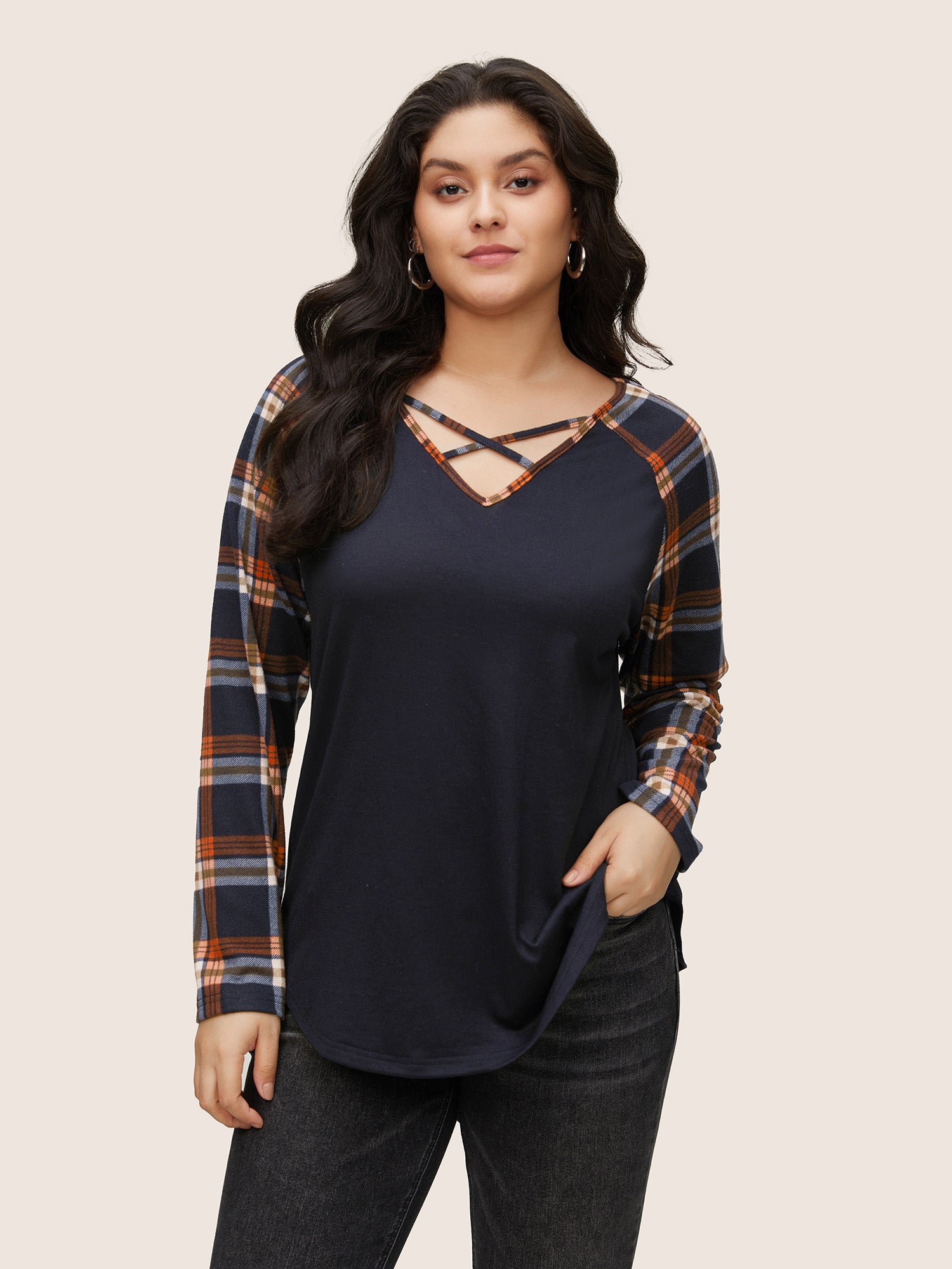 Plaid Patchwork Raglan Sleeve Crisscross T-shirt