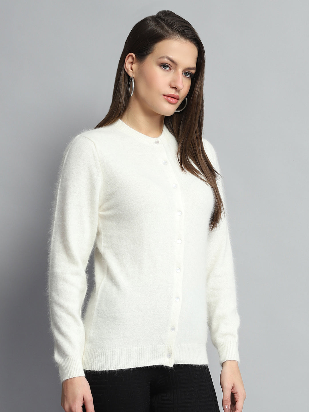 Women Off White Solid Round Neck Full Sleeve Cardigan