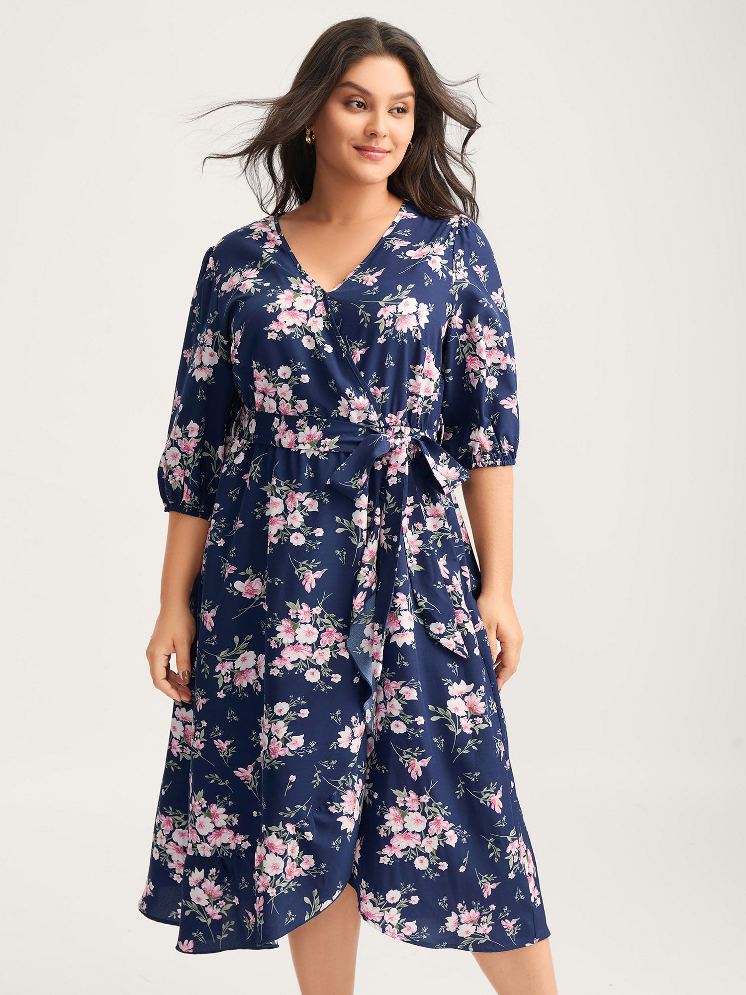 Floral Print Belted Wrap Hem Midi Dress