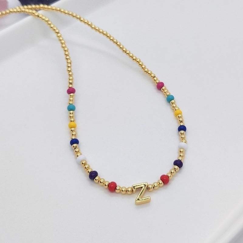 Ig Style Minimalist Letter Glass Copper Beaded Knitting Plating 18k Gold Plated Necklace