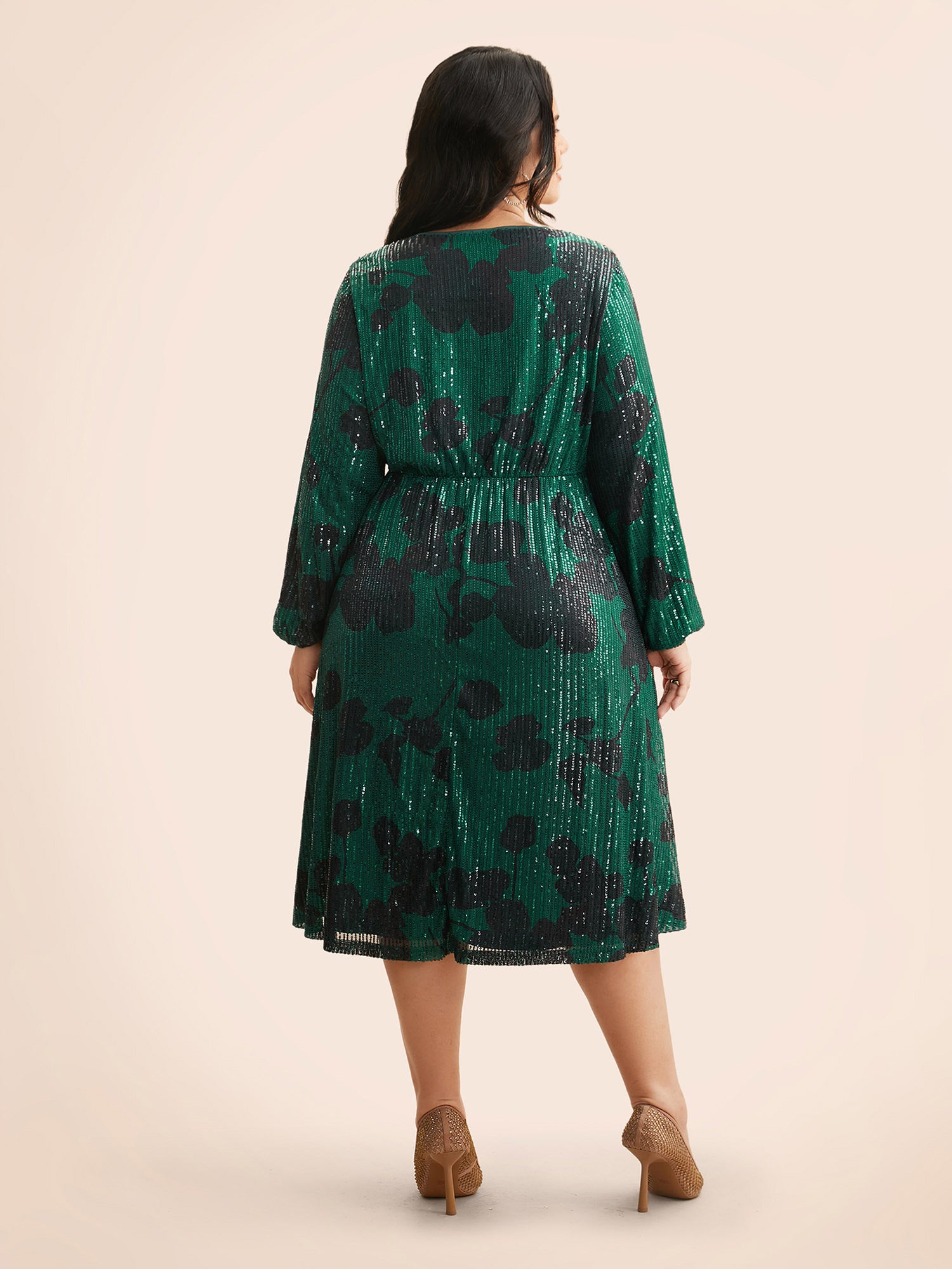 Sequin Floral Lantern Sleeve Midi Dress