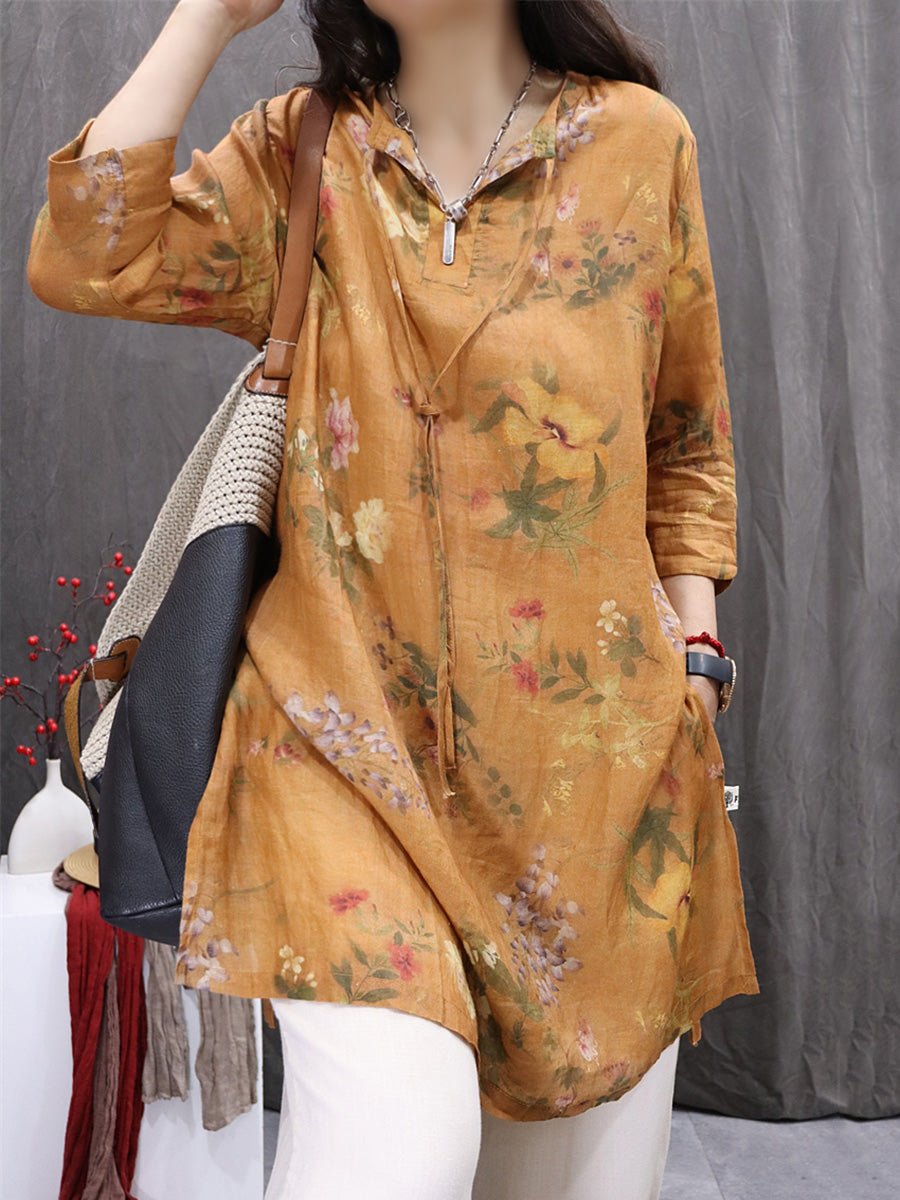 Women Spring Artsy O-Neck Flower 100%Ramie Shirt