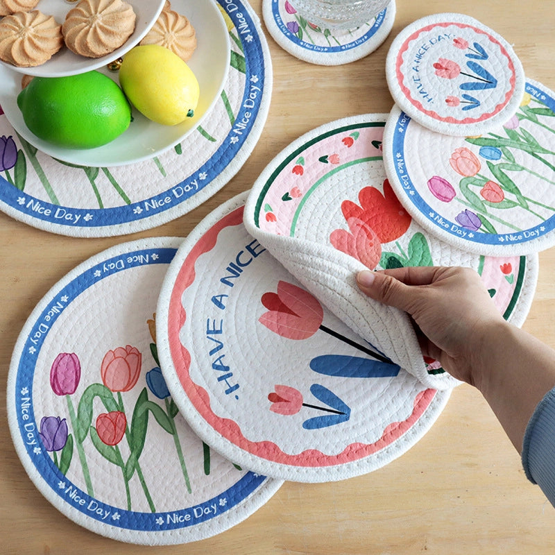 Sweet Place Mat Tulip Printed Cotton Rope Woven Table Top Mat Heat Insulation Mat Coaster