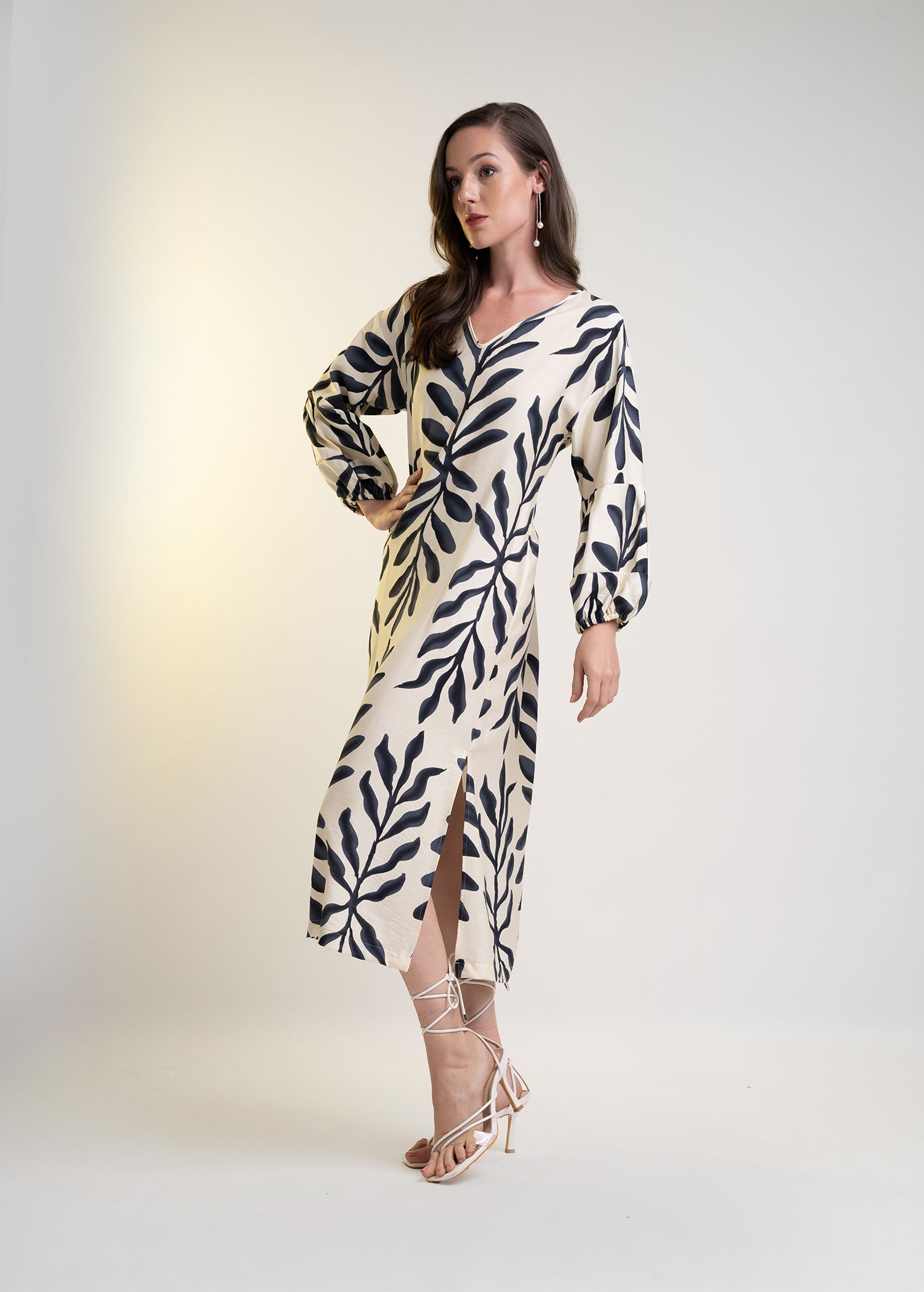 V Neck Printed Midi Dress