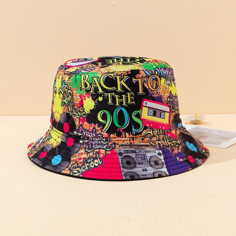 Unisex Casual Retro Artistic Letter Color Block Printing Curved Eaves Bucket Hat