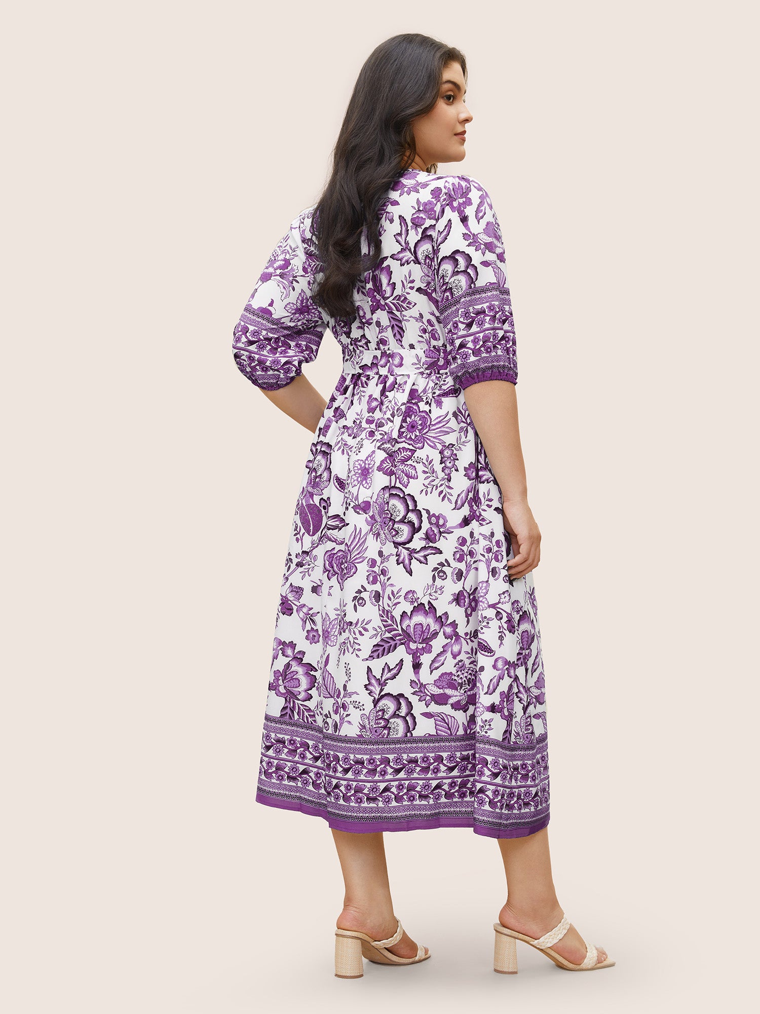 Bandana Print Surplice Neck Lantern Sleeve Pocket Belted Midi Dress