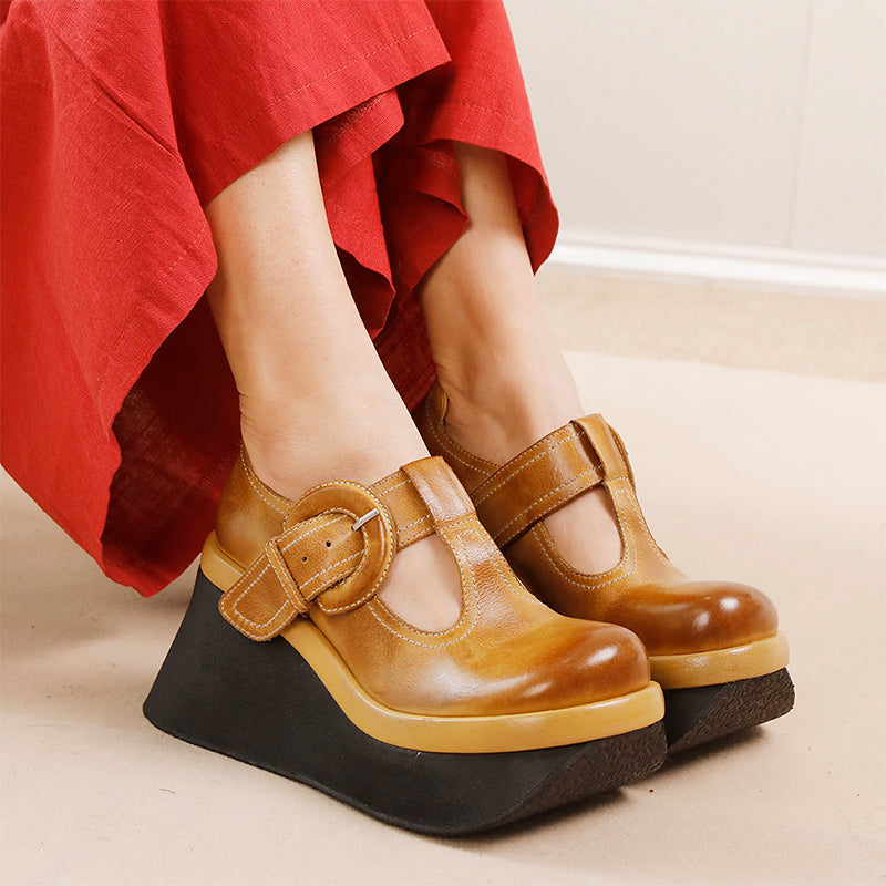 80mm Heel Chunky Platform T-Straps Cowhide Wedges Mary Jane in Khaki/Black