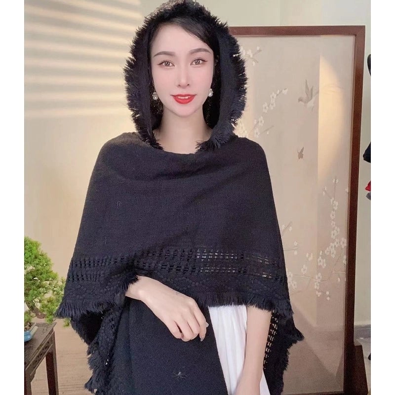 Travel Hooded Knitted Shawl Women's Ethnic Style Shawl Yunnan Lijiang Tibet Travel Photography New Cape Cape