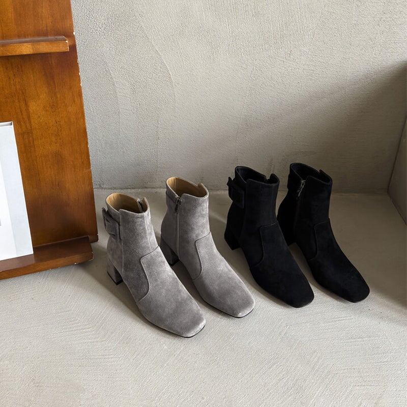 Women's Elegant Ankle Boots 55mm Heels Side Zipper Slimming Boots in Black/Grey