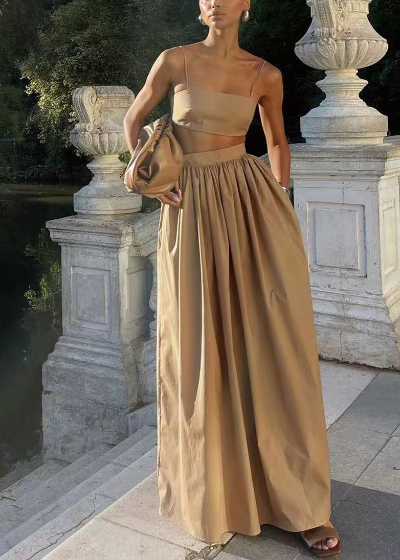 Classy Khaki Silm Fit Bustier Top And Skirts Two Pieces Set Summer