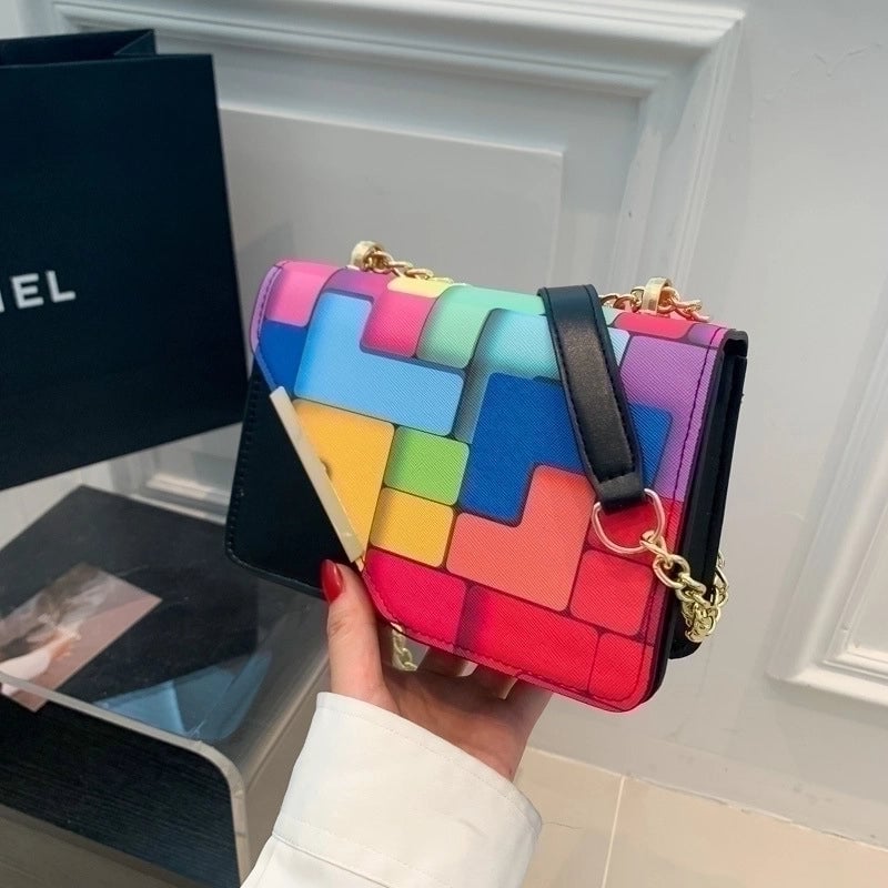 Women's Small Pu Leather Color Block Streetwear Square Magnetic Buckle Shoulder Bag Crossbody Bag