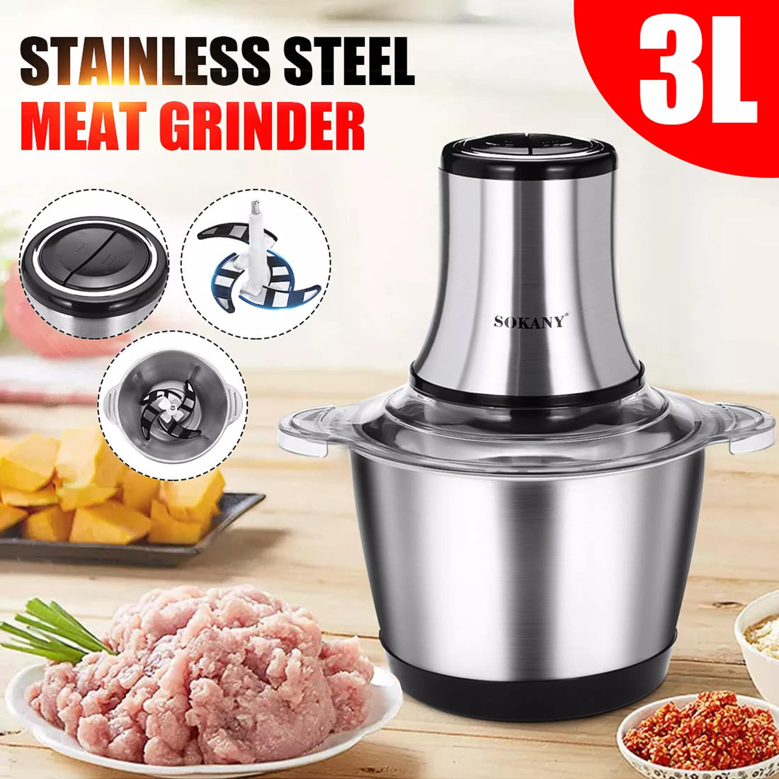 Meat Grinder Chopper 3L .Electric Stainless Steel Meat Chopper. Silver