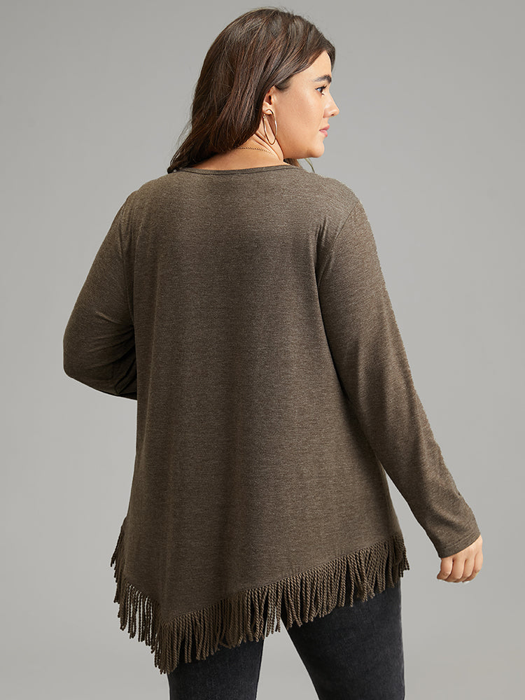 Plain Tassels Trim Hem Long Sleeve T-shirt